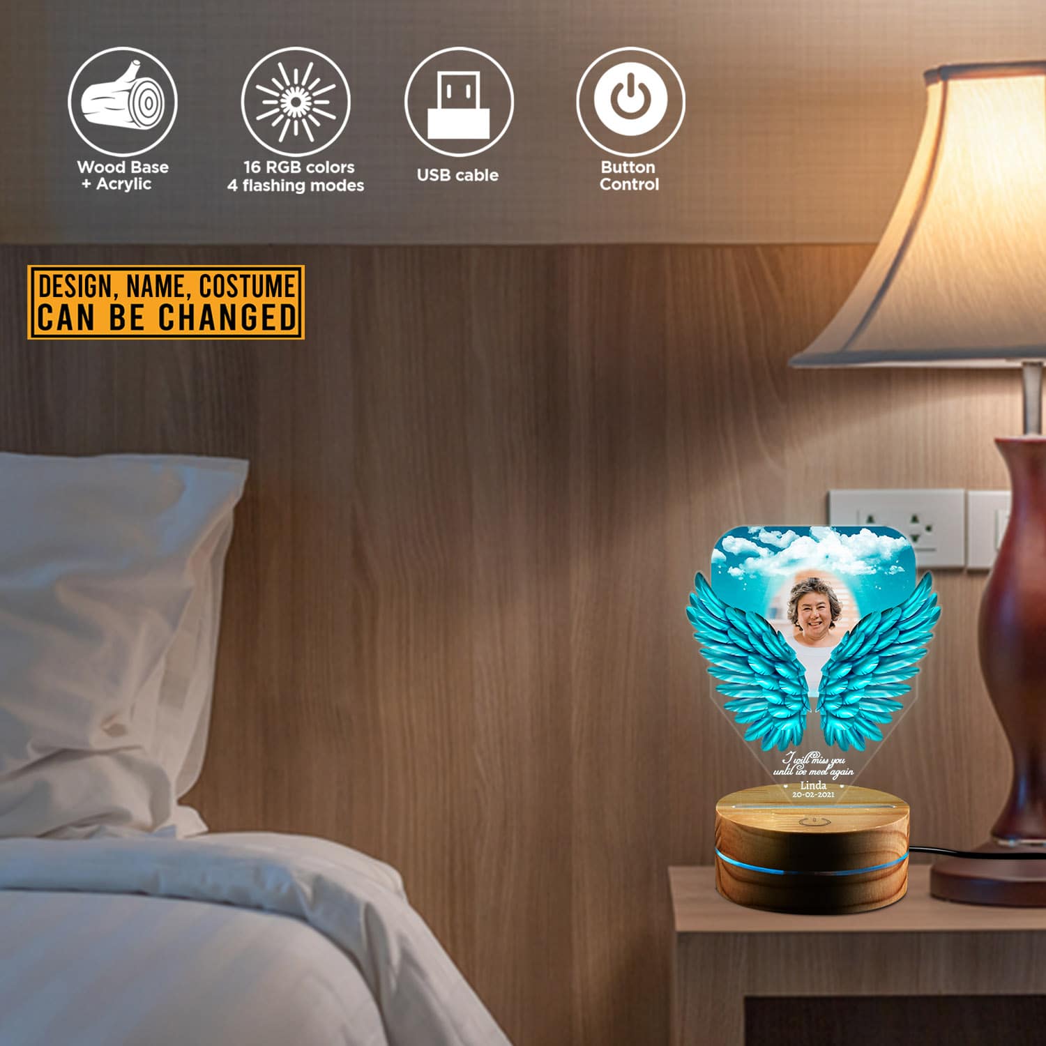 Alternative view of Personalized Photo Passover Gifts I Will Miss Yow until We Meet Again Led Night Light Multi Color - Bedroom Decor