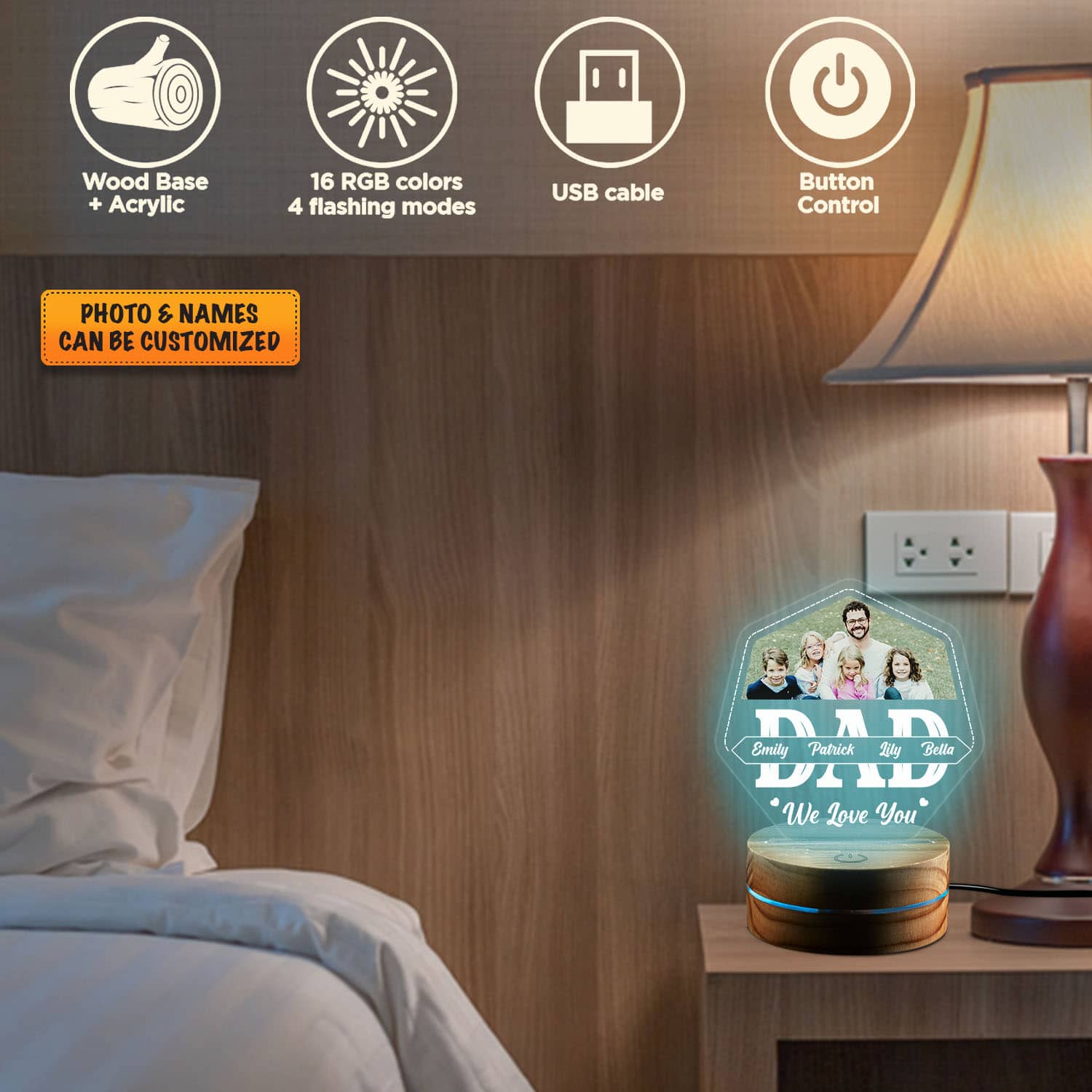 Alternative view of Personalized Photo Fathers Day Gifts Dad We Love You Led Night Light Multi Color - Bedroom Decor