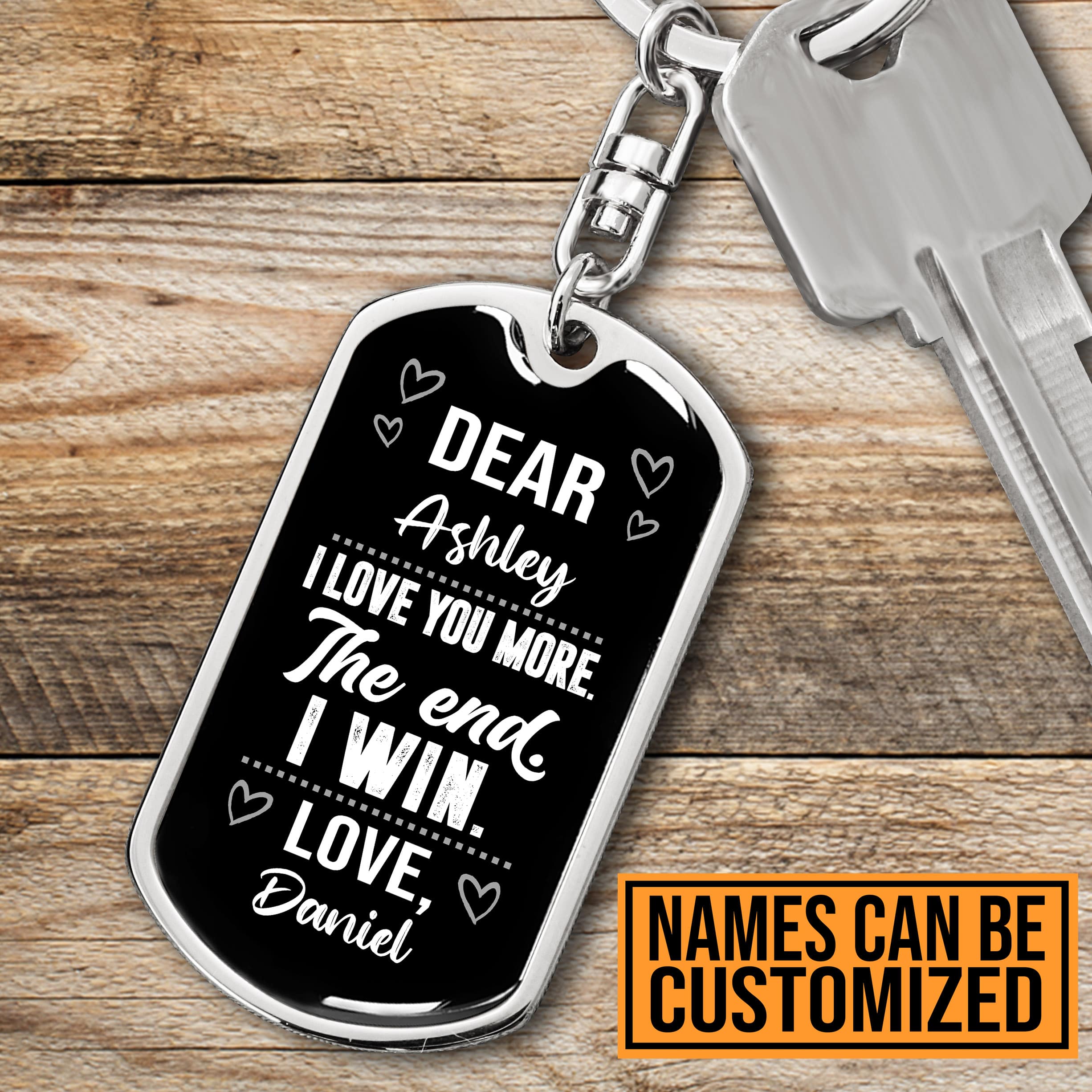 Personalized Name Love Couple I Love You More The End I Win Dog Tag Keychain - Anniversary Key Chain for Husband Wife