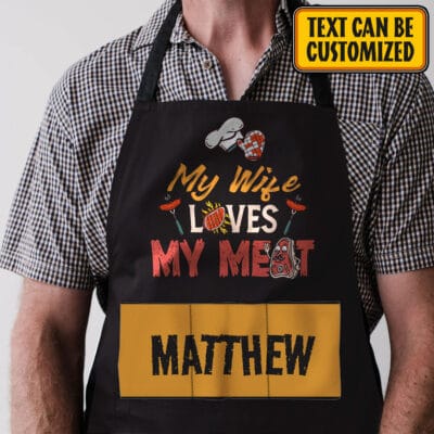 Alternative view of Personalized Aprons For Husband My Wife Loves My Meat Funny Cooking Apron With Three Pockets - Adjustable Neck Strap