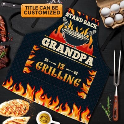 Personalized Stand Back Papa Is Grilling Funny Cooking Apron With 3 Pockets - Funny Grandpa Apron - Dad Grilling Gifts