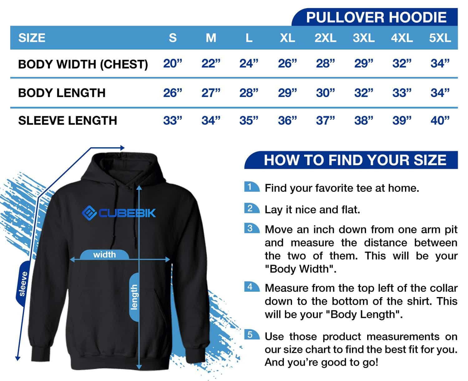 CubeBik Pullover Hoodie Size Chart