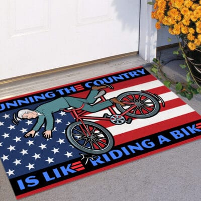 Alternative view of Running the Country Is Like Riding A Bike Funny Biden Entrance Indoor Outdoor Decorative Doormat