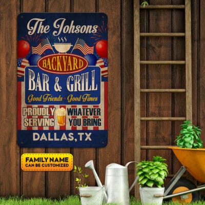 Alternative view of Personalized Family Name Backyard Bar And Grill Outdoor Decorative Metal Sign - Patriot American Flag Sign
