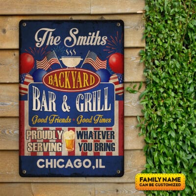 Personalized Family Name Backyard Bar And Grill Outdoor Decorative Metal Sign - Patriot American Flag Sign