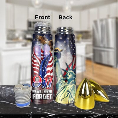 We Will Never Forget 911 Bullet Shape Insulated Tumbler With Lid - American Flag Vacuum Insulated Travel Coffee Mug