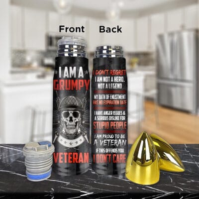 I'm A Grumpy Veteran I Don't Regret Bullet Shape Insulated Tumbler With Lid - Dad Grandpa Veteran Gifts Vacuum Insulated Travel Coffee Mug
