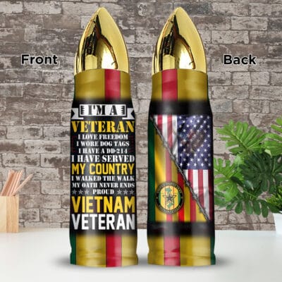 I'm A Veteran Proud VietNam Veteran Bullet Shape Insulated Tumbler With Lid - Love Freedom Veteran Gifts American Flag Travel Coffee Mug