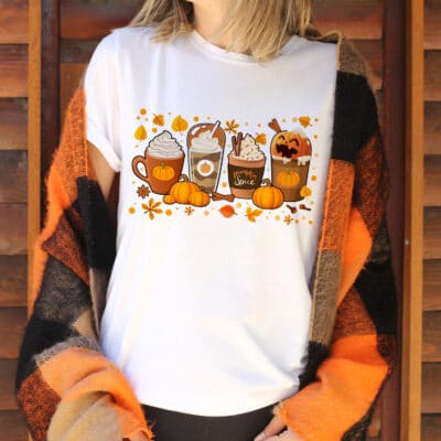 Alternative view of Halloween Pumpkin Coffee Latte Drink Cup Bleached Shirt - Fall Coffee Shirt, Thanksgiving Shirt, Coffee Lover tee Shirt, Pumpkin Spice Shirt