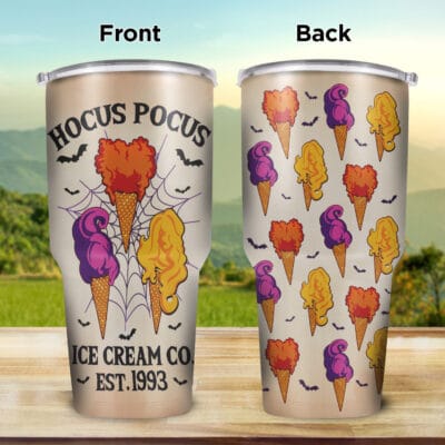 Hocus Pocus Ice Cream Co. Est 1993 Insulated Tumbler Cup with Lid - Three Witch Halloween Vacuum Insulated Travel Coffee Mug