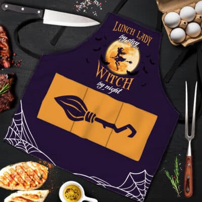 Lunch Lady By Day Witch By Night Halloween Cooking Apron With 3 Pockets - Funny Halloween Apron For Women