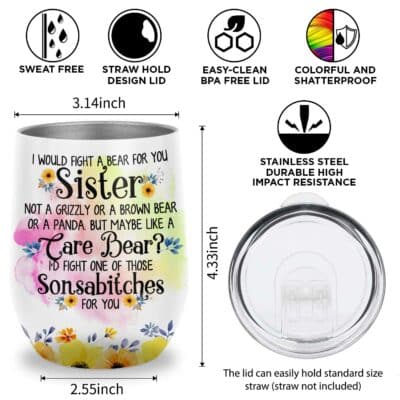 Alternative view of Gifts for Sister - Always My Sister Forever My Friend Floral Insulated Wine Tumbler Cup with Lid, Sister Coffee Mug Birthday Gifts