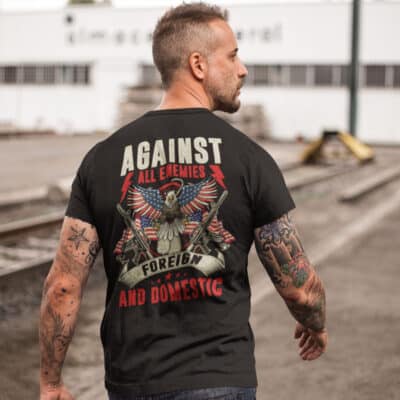 Alternative view of Against All Enemies Foreign And Domestic US Veteran Print On Back T-Shirt Only - Plain Front Shirt