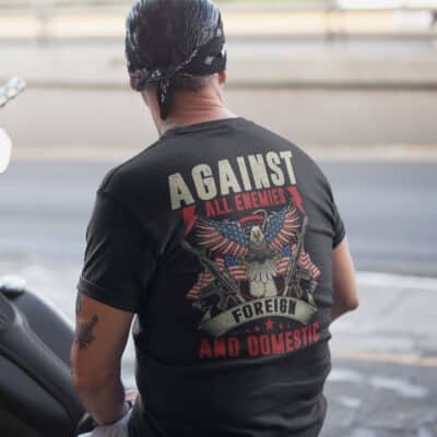Against All Enemies Foreign And Domestic US Veteran Print On Back T-Shirt Only - Plain Front Shirt