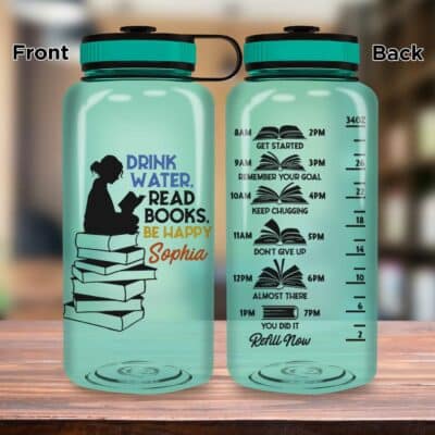 Personalized Drink Water Read Books Be Happy Motivational Fitness Sports Water Tracker Bottle with Time Marker