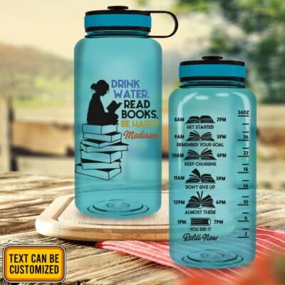 Alternative view of Personalized Drink Water Read Books Be Happy Motivational Fitness Sports Water Tracker Bottle with Time Marker