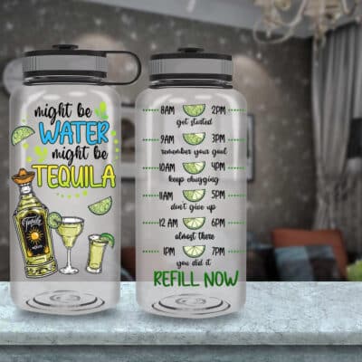 Alternative view of Might Be Water Might Be Tequila Motivational Fitness Sports Water Tracker Bottle with Time Marker