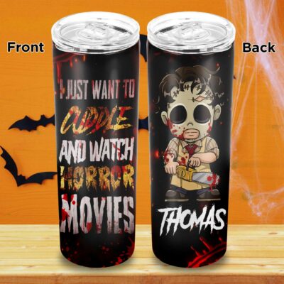 Personalized Halloween Tumbler I Just Want to Cuddle and Watch Horror Movies Skinny Tumbler, Vacuum Insulated Tapered Tumbler