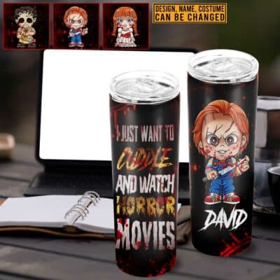 Alternative view of Personalized Halloween Tumbler I Just Want to Cuddle and Watch Horror Movies Skinny Tumbler, Vacuum Insulated Tapered Tumbler