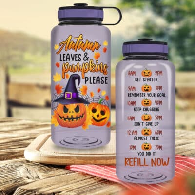 Alternative view of Autumn Leaves And Pumpkins Please Halloween Motivational Fitness Sports Water Tracker Bottle with Time Marker
