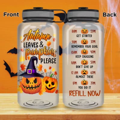 Autumn Leaves And Pumpkins Please Halloween Motivational Fitness Sports Water Tracker Bottle with Time Marker