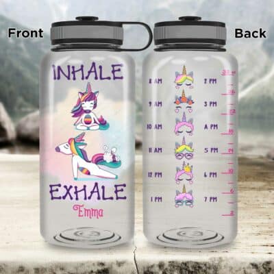 Personalized Inhale Exhale Funny Unicorn Yoga Water Bottle With Time Marker, Motivational Fitness Sports Water Tracker Bottle