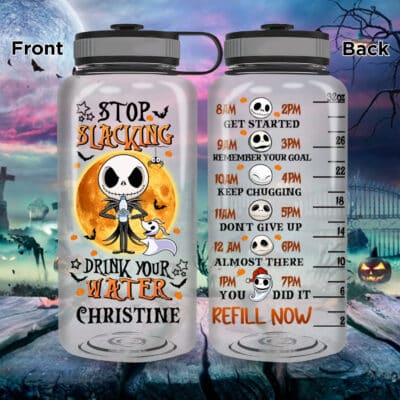Stop Slacking Drink Water Now Jack Skellington Personalized Motivational Fitness Sports Water Tracker Bottle with Time Marker - Nightmare Bottle