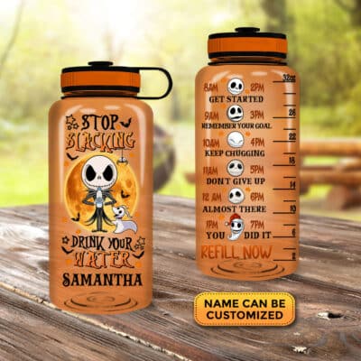 Alternative view of Stop Slacking Drink Water Now Jack Skellington Personalized Motivational Fitness Sports Water Tracker Bottle with Time Marker - Nightmare Bottle