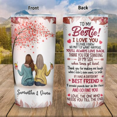 Personalized Art Best Friend Bestie Birthday Gifts Floral Stainless Steel Insulated Tumbler Cup with Lid, Besties Mug - Gifts for Best Friends