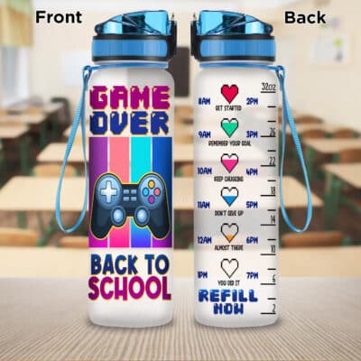 Game Over Back To School Vintage Motivational Water Tracker Bottle with Time Marker - Kindergarden Grade Vibes Kids Water Bottle