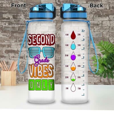 Second Grade Vibes Only Back To School Motivational School Sports Water Tracker Bottle with Time Marker - 2nd Grade Water Bottle