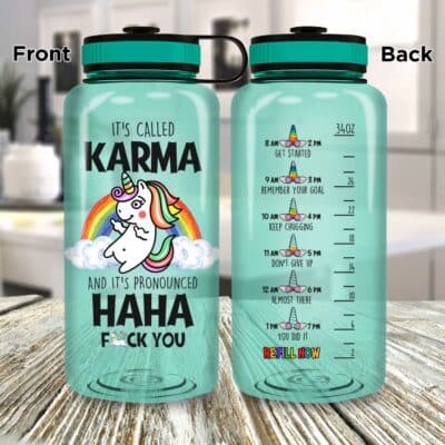 Unicorn It's Called Karma And It's Pronounced Haha Funny Fitness Sports Water Tracker Bottle with Time Marker