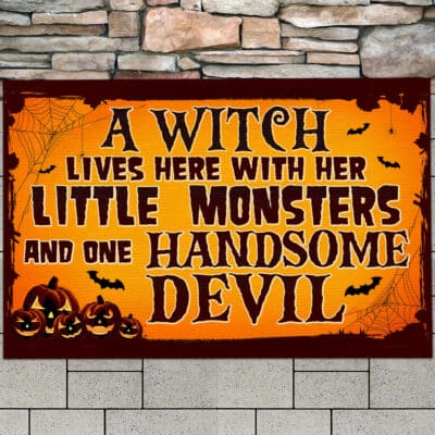 A Witch Lives Here With Her Little Monsters and One Handsome Devil Door Mats - Front Door Halloween Outdoor Mats for Home Entrance