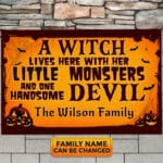 Personalized A Witch Lives Here With Her Little Monsters and One Handsome Devil Door Mats - Front Door Halloween Outdoor Mats for Home Entrance