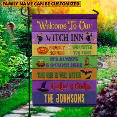 Personalized Welcome To Our Witch Inn Proudly Serving Outdoor House Flag - Witch Halloween Home Garden Flag