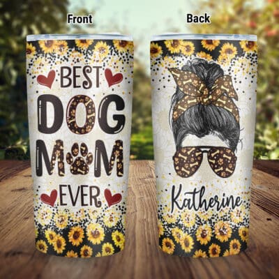 Personalized Sunflower Best Dog Mom Ever Insulated Tumbler Cup with Lid - Birthday Gift for Sunflower Lovers - Dog Lovers Mug Cup