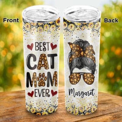 Personalized Sunflower Best Cat Mom Ever Insulated Skinny Tumbler Cup with Lid - Birthday Gift for Sunflower Lovers - Cat Lovers Mug Cup