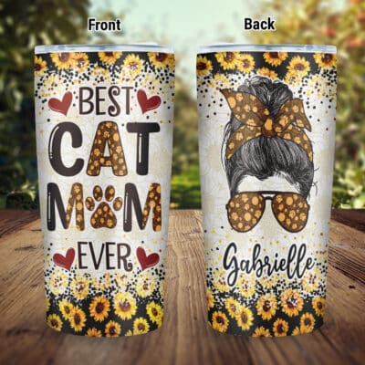 Personalized Sunflower Best Cat Mom Ever Insulated Tumbler Cup with Lid - Birthday Gift for Sunflower Lovers - Cat Lovers Mug Cup