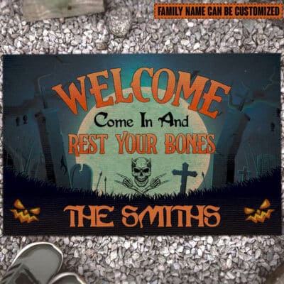 Personalized Come In And Rest Your Bones Funny Halloween House Doormat - Outdoor Indoor Doormat