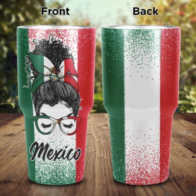 Viva Mexico Messy Bun With Bandana And Glasses Mexican Flag Insulated Tumbler Cup with Lid - Birthday Gift Mexican Mug Cup