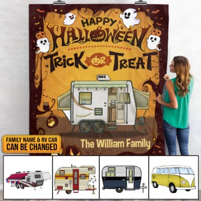 Personalized Happy Halloween Trick Or Treat Fleece Blanket - Custom Halloween Sherpa Blanket - Woven Blanket