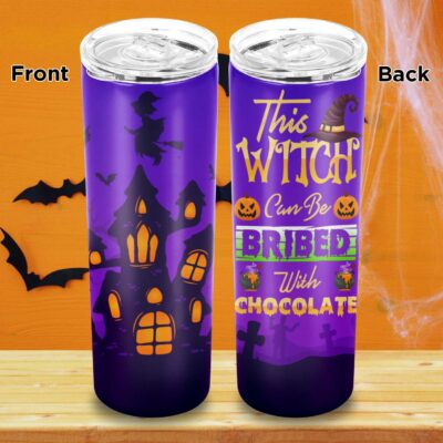 This Witch Can Be Bribed With Chocolate Skinny Vacuum Insulated Tumbler Cup - Halloween Witch Water Bottle