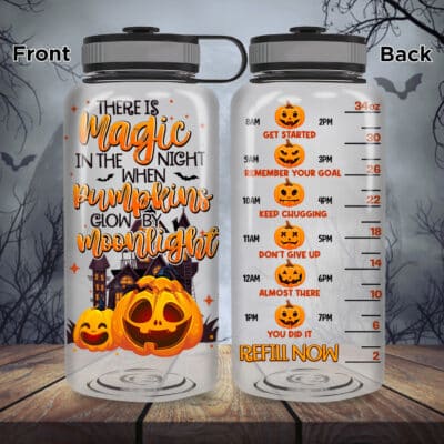 There Is Magic In The Night When Pumpkins Glow By Moonlight Halloween Water Tracker Bottle with Time Marker