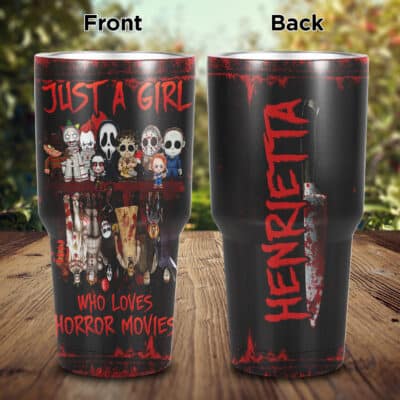 Personalized Just A Girl Who Loves Horror Movies Insulated Tumbler Cup With Lid - Halloween Gifts For Women
