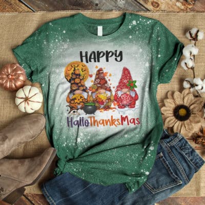 Happy Hallowthanksmas Gnomes Halloween Thanksgiving Christmas Bleached T-Shirt