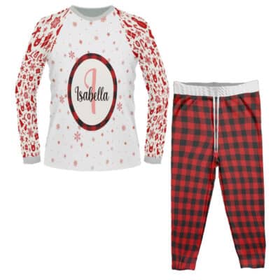 Personalized Monogram Name Christmas Family Pajamas Set - Printed Christmas Sleepwear Raglan Long Sleeve Tee and Bottom Loungewear