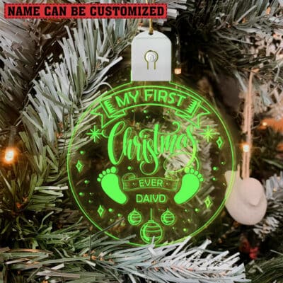Personalized My First Christmas Ever Newborn Baby LED Acrylic Ornament Keepsake - Baby's 1st Christmas Ornament