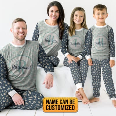Personalized Monogram Name Home Family Pajamas Set - Custom Name Printed Sleepwear Raglan Long Sleeve Tee and Bottom Loungewear