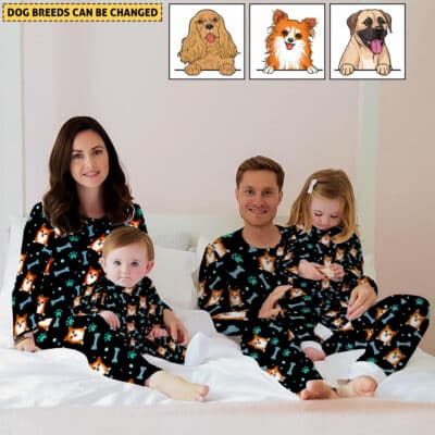 Personalized Dog Face Christmas Pajama Set - Custom Dog Bread Printed Sleepwear Raglan Long Sleeve Tee and Bottom Loungewear