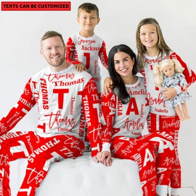 Personalized Name Family Christmas Pajamas Set - Custom Repeat Name Printed Sleepwear Raglan Long Sleeve Tee and Bottom Loungewear